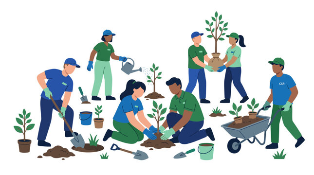 Diverse group of volunteers planting trees together in a community garden project.