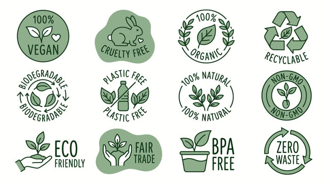 Set of green eco friendly icons for sustainable products and environmental labels.