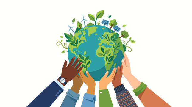 Diverse group of people holding a green earth globe together to represent environmental protection and sustainability.