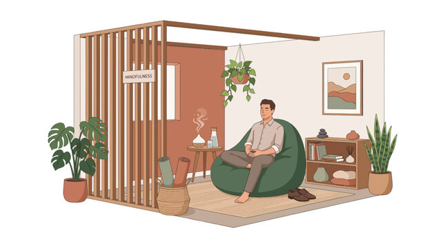 A man sitting in a cozy modern meditation room with plants and a beanbag chair.