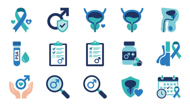 Set of medical icons representing prostate cancer awareness and men health checkup procedures.