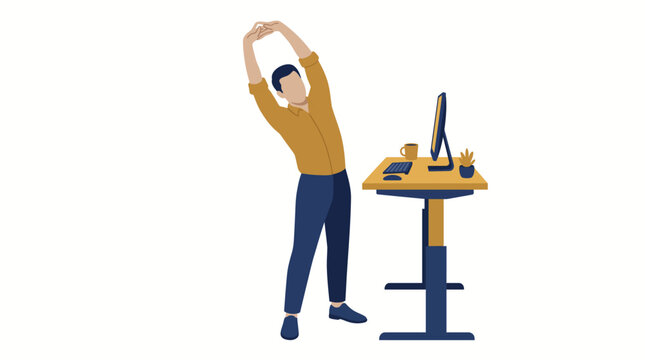 A man stretching his body while standing at a modern adjustable height desk in an office.