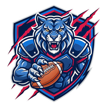 Fierce blue tiger mascot holding american football transparent background
