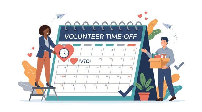 Corporate employees planning volunteer time off with a calendar and donation box illustration.
