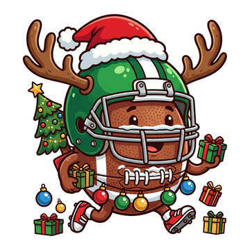 Funny american football character celebrating christmas with gifts transparent background
