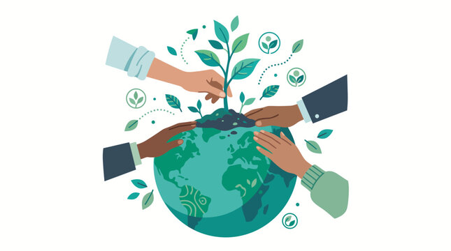 Diverse hands planting a small green tree on top of the planet earth illustration.