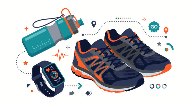 Flat vector illustration of running equipment including sneakers, a smart watch, and a water bottle.