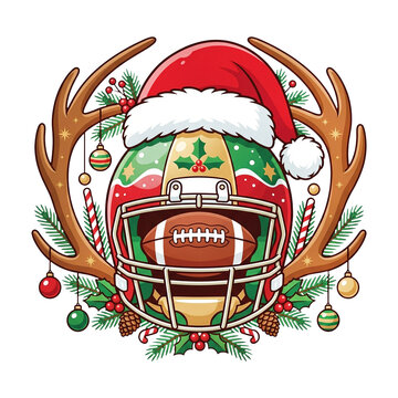Christmas American football helmet with Santa hat and antlers transparent background