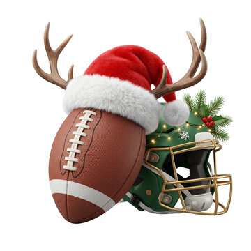 American football and helmet with christmas hat and reindeer antlers transparent background