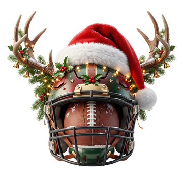 Football helmet decorated with reindeer antlers and santa hat transparent background