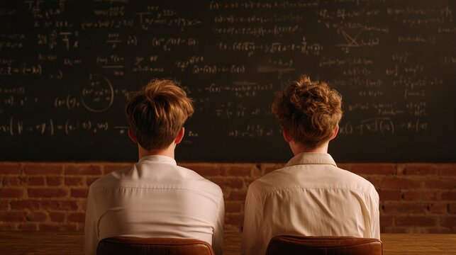 Two students in white shirts sit facing a chalkboard filled with complex math equations in a classroom with exposed brick walls.