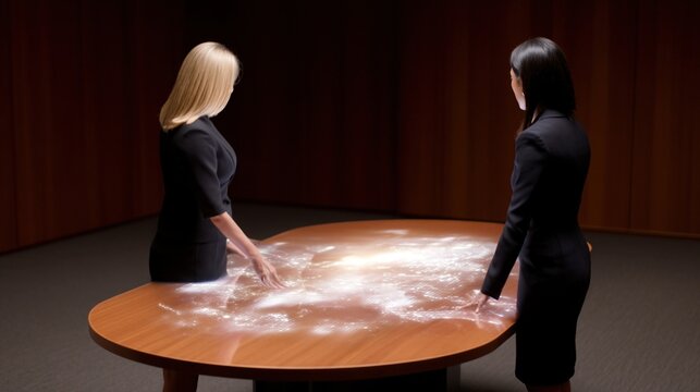 Two women in business attire interact with a futuristic digital map projected on a wooden table in a dimly lit room.