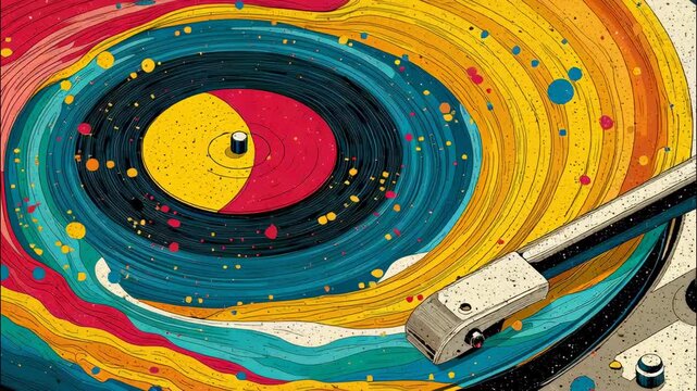 Colorful abstract vinyl record spinning on a vintage turntable record player