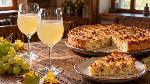 Deutscher Federwei&szlig;er mit traditionellem Zwiebelkuchen, hellen Weintrauben und herbstlichem Weinlaub auf einem rustikalen Holztisch in gem&uuml;tlicher Gaststube.