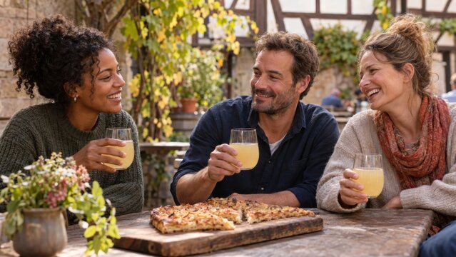 Drei Freunde genie&szlig;en deutschen Federwei&szlig;en und Zwiebelkuchen in einem gem&uuml;tlichen Weingarten mit Fachwerkhaus, Weinreben und warmer herbstlicher Atmosph&auml;re.