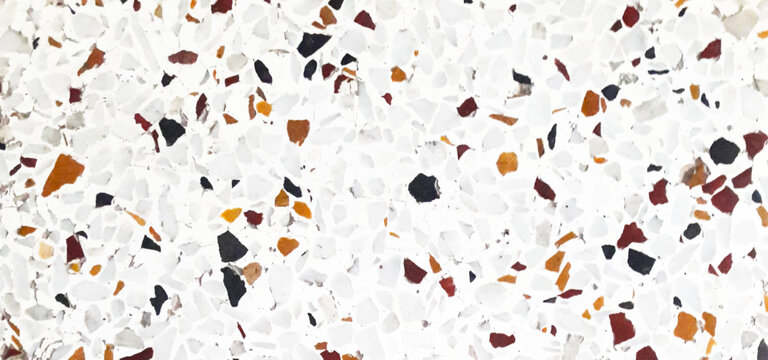 White Terrazzo Background with Scattered Red Orange Black Stone Chips, Modern Speckled Pattern, Decorative Flooring and Surface Texture.
Colorful Terrazzo Texture Background with Irregular Stone.