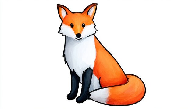 Illustration of a sitting red fox with a bushy tail, orange fur, and white chest and tip of the tail.