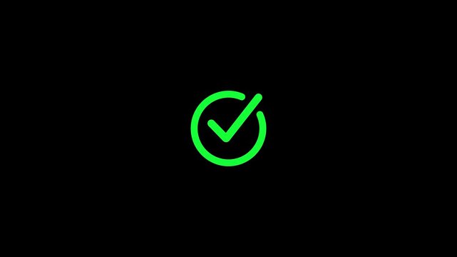 Right green color Check tick Mark Icon animation on Black Background. Check Mark, tick, yes, Symbol Animation. 4k video