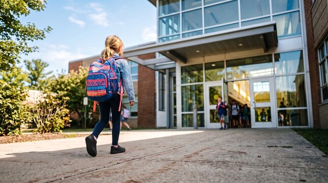 Young girl with backpack walks towards school entrance on a sunny day