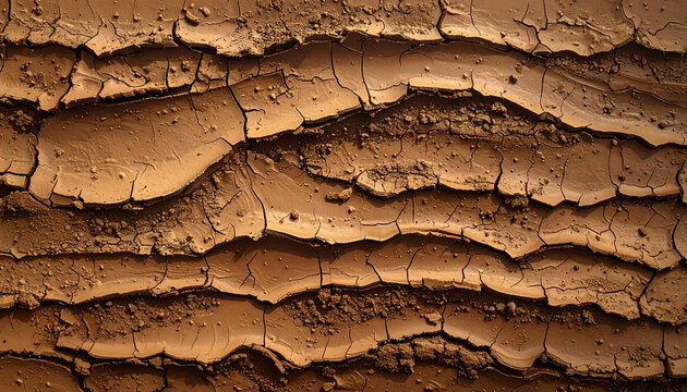 Close-up of cracked dry mud and soil layers with natural wave patterns. Detailed geological texture background for earth science, drought, and environmental design projects
