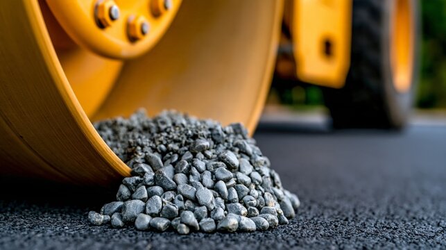 Close-up of gravel spilling from a road roller on a freshly laid asphalt surface.