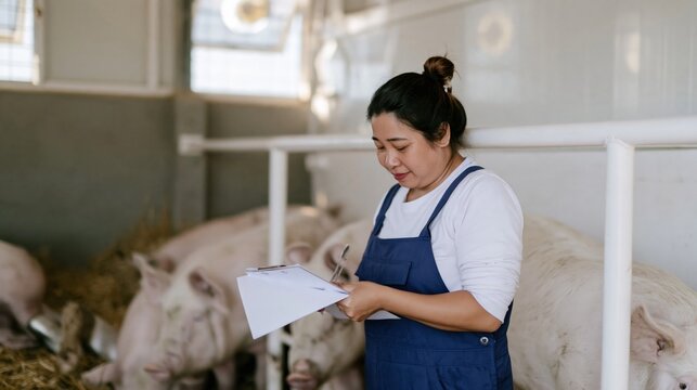 Vietnamese woman veterinarian in blue overalls checking pigs in a clean barn, holding a clipboard for public health education