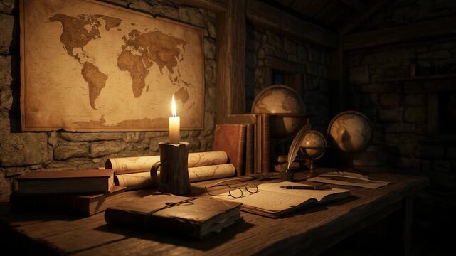 A candlelit vintage study with an antique world map, globes, books, and scrolls evokes exploration, history, geography, and old-world discovery.