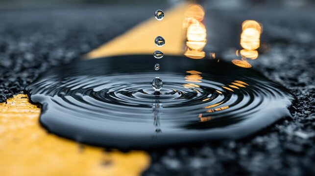 Close-up of water droplets creating ripples on a dark asphalt surface with yellow lines.