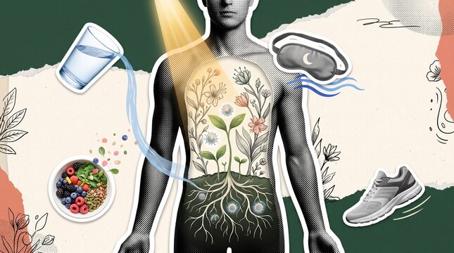 Immune system boost concept with human body as an inner garden nourished by antioxidant rich foods, hydration, vitamin D sun exposure, restorative sleep and exercise for natural immune support