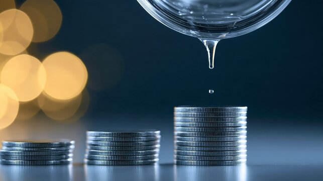 Concept of investment with coins and water drop, symbolizing savings and finance.