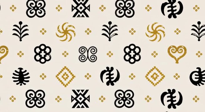 Tribal motif pattern with black and gold Adinkra-inspired symbols on a cream background, decorative ethnic textile wallpaper design