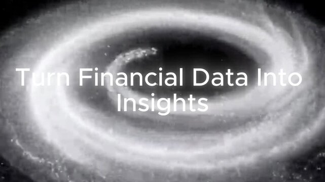 Spiral galaxy animation backdrop with glowing white particles and financial data text overlay displaying insights to illustrate modern astronomy, deep space exploration, and cosmic phenomena concepts.