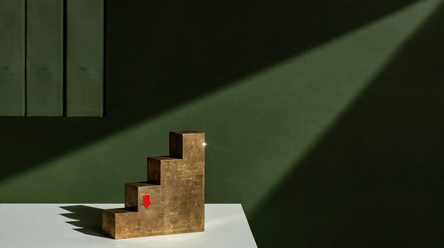Bond selloff represented by a stepped brass sculpture with a red arrow on a dark green background for bond market and treasury yield analysis
