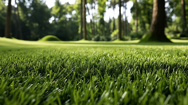 Lush green grass carpeted under trees in a serene, natural setting, capturing tranquility.