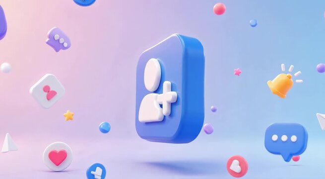 Vibrant 3D social media add-user icon with floating likes, hearts, chat bubbles and a notification bell in pastel blue and pink