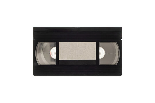 Black VHS videotape cassette with blank label isolated on white back