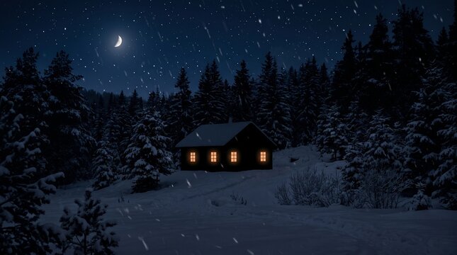 Cozy illuminated cabin in a snowy winter forest under a starry night sky with a crescent moon