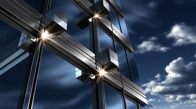 Modern building facade with reflective glass and metallic accents against a cloudy sky.