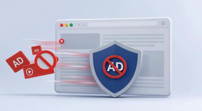 3D illustration of a browser blocking ads with a shield and stop signs, showing pop-up ad tiles being blocked and online privacy protection