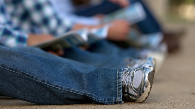 People relaxing outdoors, reading magazines while sitting on the ground, enjoying leisure time.