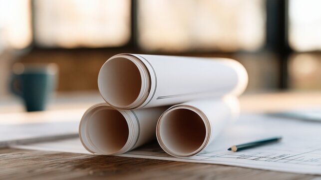 Rolls of blueprint paper stacked on a wooden table beside a pencil and coffee cup.