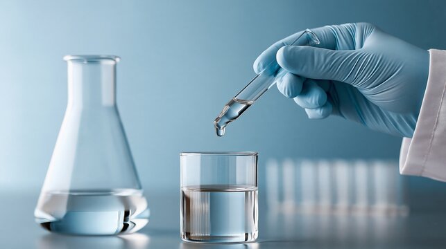 Scientist in gloves pouring liquid from pipette into glass beaker in laboratory setting.