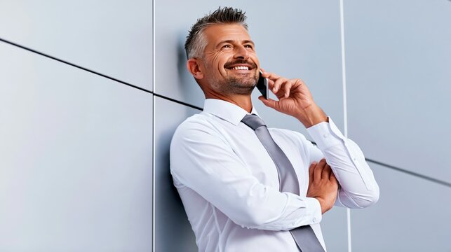 Smiling businessman talking on smartphone, showcasing confidence and professionalism.
