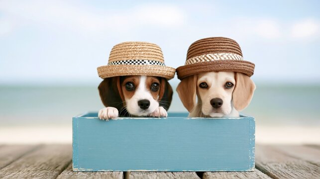 Two adorable beagle puppies wearing hats, enjoying a sunny day at the beach.