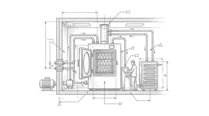 Fototapeta premium Industrial engineering blueprint featuring a specialized laboratory device with internal chambers and control console.