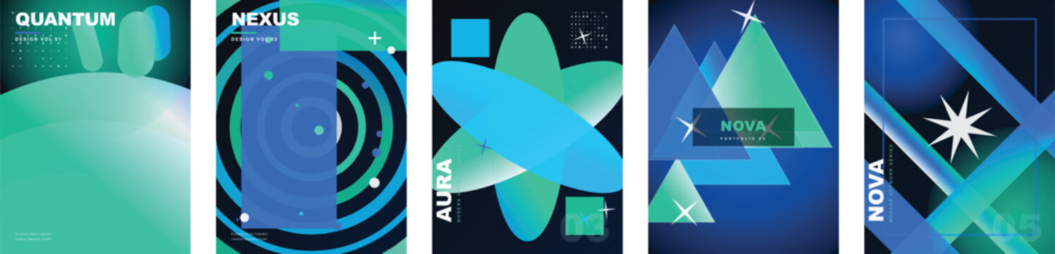 Vibrant blue and teal abstract poster templates set. Vector modern cover layouts with geometric triangles, star bursts, capsule bars, layered shapes and mesh lines for creative design portfolios