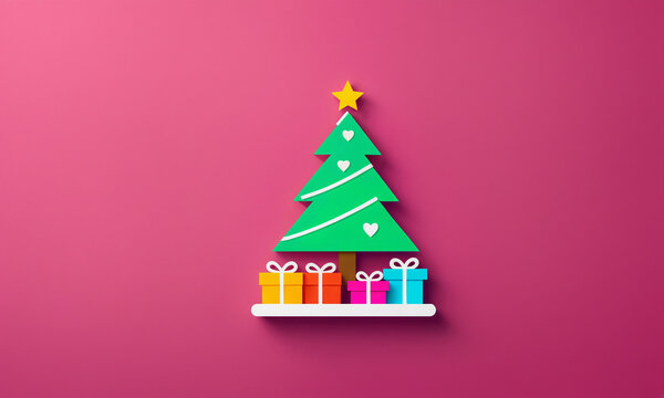 green christmas tree with white heart ornaments yellow star and four colorful gift boxes on pink surface