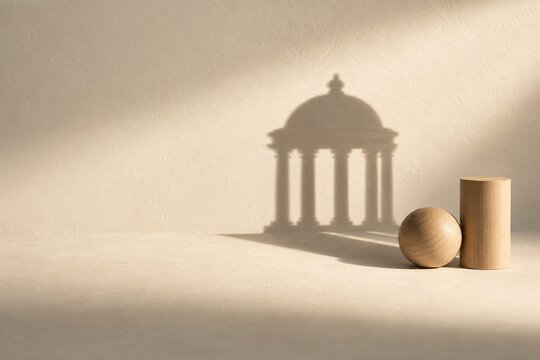 Wooden sphere and cylinder casting an impossible shadow of a domed pavilion on a cream background, for architecture and design education