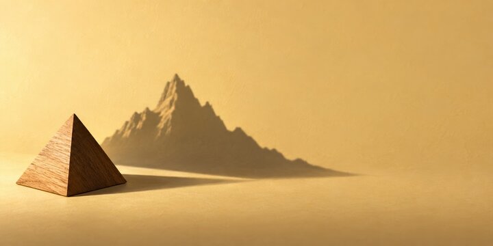 Small wooden pyramid casting a mountain shaped shadow on a warm tan backdrop, with a smooth matte finish for leadership and business content