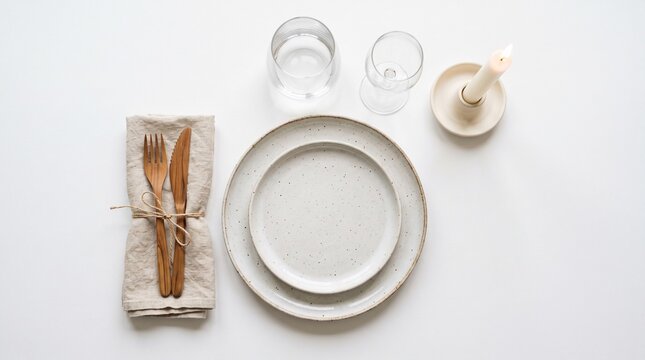 Minimalist Table Setting with Wooden Cutlery and Candle for a Serene Dining Experience